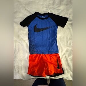 Nike Black and Blue Top with Orange Shorts Set